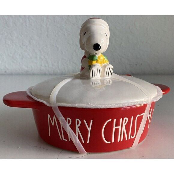 Rae Dunn Peanuts Snoopy Merry Christmas Ceramic Brie Baking Casserole Dish w/Lid - Picture 1 of 13